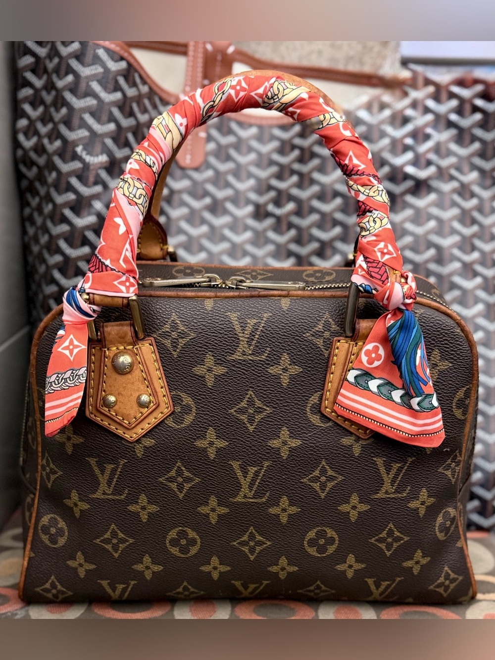 Brown LV Monogram Satchel with Pink and Orange Scarf Accent